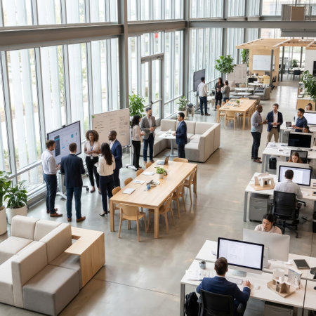 A dynamic, modern workplace captured from above. Professionals collaborate near large windows while others work at computers in a bright, open-concept space.の素材