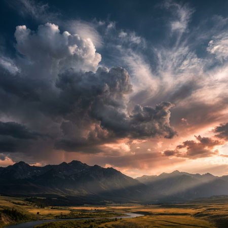 An awe-inspiring, wide-angle view of a mountain valley at sunset. Dramatic, turbulent storm clouds gather, but golden sunbeams break through, casting a divine light on the land.の素材