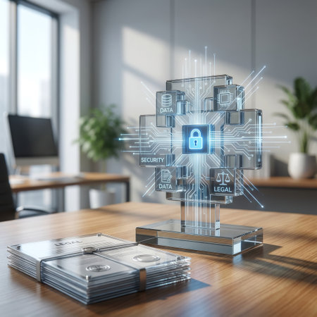 In a modern office, a futuristic glass hologram displays glowing icons for data, security, and legal compliance, symbolizing the digital transformation of law and cybersecurity.の素材