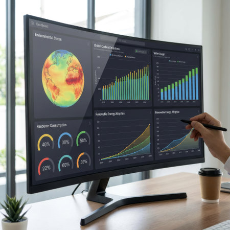 A professional analyst uses a stylus to examine a digital dashboard displaying critical environmental data, including climate change metrics and renewable energy adoption trends.の素材