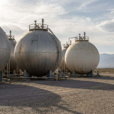 Massive spherical pressure vessels for gas storage stand on a gravel lot in a remote industrial facility, casting long shadows under a soft, cloudy sky at dusk.の素材