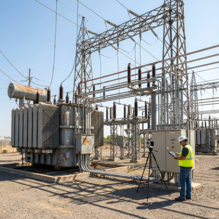 An engineer in safety gear uses a 3D laser scanner and tablet to digitally map a high-voltage electrical substation on a sunny day for asset management and maintenance.の素材