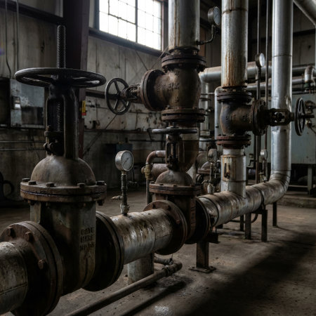 Sunlight from a grimy window illuminates a complex network of corroded pipes, gauges, and valves in a silent, abandoned industrial plant, evoking a sense of decay.の素材