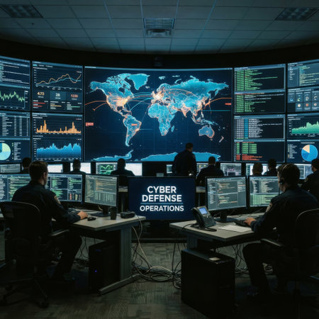 Team of analysts in a dark command center monitors global cyber threats on a vast video wall displaying intricate data visualizations and a glowing world map.の素材