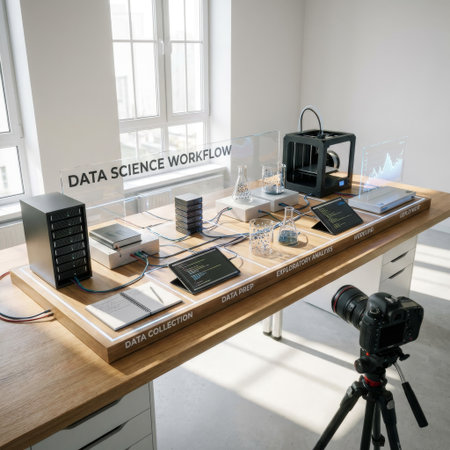 A conceptual installation on a wooden desk visually maps the data science workflow, from collection to deployment, using futuristic tech in a bright, modern office setting.の素材