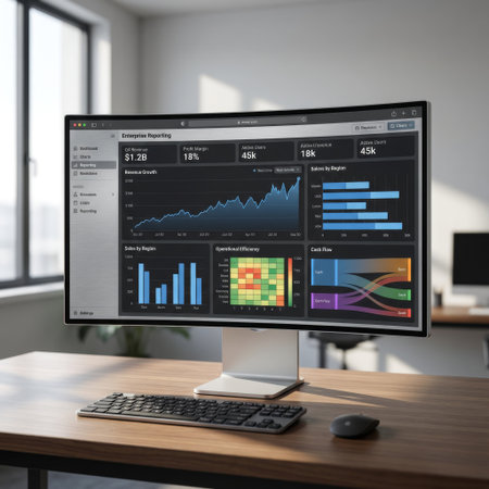 A professional's desk featuring a curved monitor with a vibrant data dashboard, tracking revenue, operational efficiency, and cash flow in a modern, sunlit office workspace.の素材