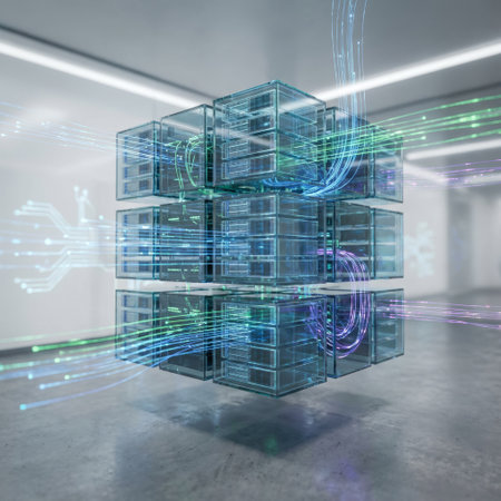A futuristic glass server cube levitates in a minimalist room, processing data visualized as glowing blue and green fiber optic streams. A concept for cloud computing.の素材
