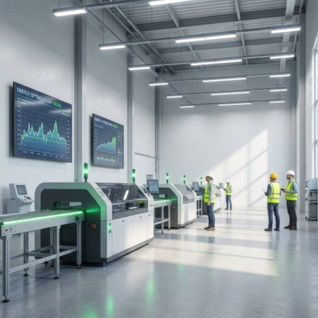Engineers in a high-tech smart factory monitor a glowing green assembly line, analyzing energy optimization data on large screens for sustainable, efficient production.の素材