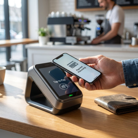 A customer makes a quick, contactless payment by tapping their smartphone on a modern POS terminal at a sunlit coffee shop counter. A barista works in the blurred background.の素材