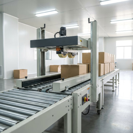 An automated carton sealing machine processes cardboard boxes on a roller conveyor line in a clean, modern factory, streamlining the packaging and shipping process.の素材