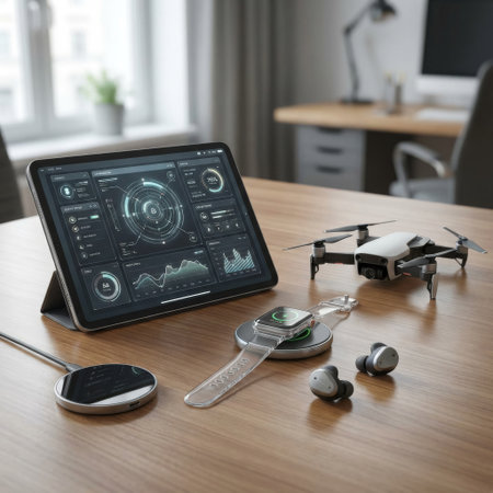 A high-tech workspace featuring a tablet with a futuristic UI, a drone, and wirelessly charging wearables on a wooden desk, showcasing a modern, connected lifestyle.の素材
