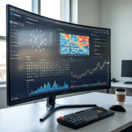 A data analyst's modern workstation featuring a curved monitor with a complex enterprise dashboard, showing financial charts and network data in a bright, minimalist office.の素材