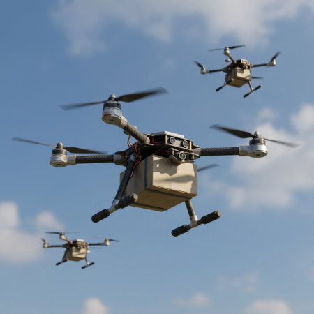 A fleet of three autonomous delivery drones soars through a bright blue sky, transporting packages. The low-angle perspective emphasizes their futuristic, coordinated flight.の素材