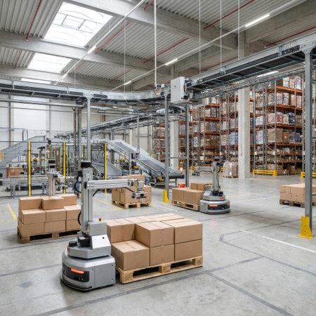 Autonomous robots navigate a vast, modern warehouse, moving pallets with precision. Overhead conveyors and towering racks showcase the future of automated supply chain logistics.の素材