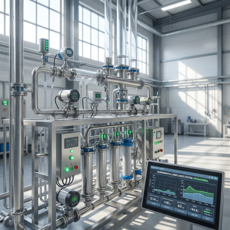 State-of-the-art industrial filtration system in a sunlit facility. A foreground monitor displays real-time data, confirming the environmental compliance system is operational.の素材
