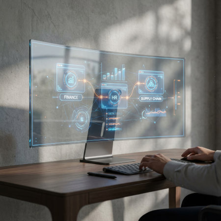 A business professional analyzes corporate data on a futuristic, transparent curved monitor, managing interconnected Finance, HR, and Supply Chain modules in a modern office setting.の素材