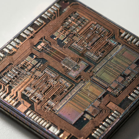 Extreme macro view of a vintage integrated circuit die. Intricate copper pathways and silicon components create a complex, city-like landscape showing signs of age and wear.の素材