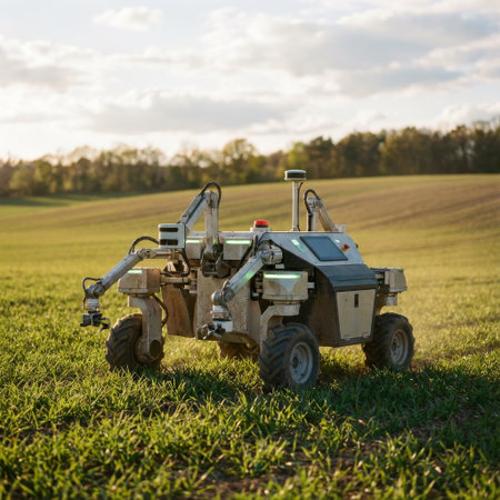 An autonomous agricultural robot with robotic arms and sensors stands in a lush green field during a beautiful sunrise, showcasing the future of smart, precision farming.の素材