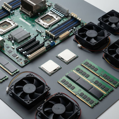 Essential server hardware laid out for assembly. A dual-socket motherboard, processors, RAM modules, and cooling fans are neatly arranged on a clean gray surface.の素材