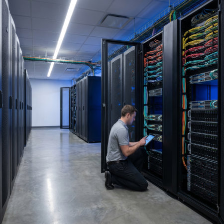A focused IT technician kneels in a server room aisle, using a tablet to diagnose a network rack filled with colorful cables and glowing hardware under cool, blue-toned lighting.の素材