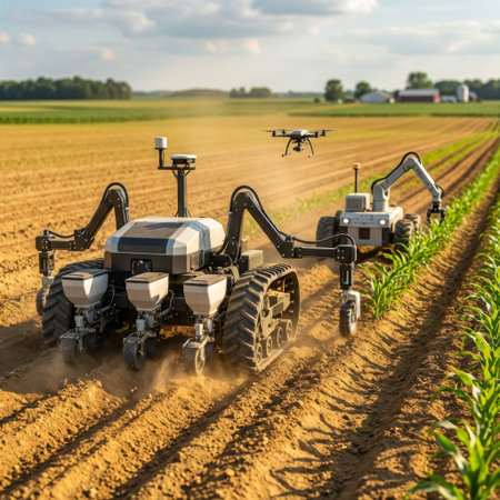 A fleet of advanced agricultural robots, including a seeder and a robotic arm, work autonomously in a sunlit field, monitored by a drone.の素材