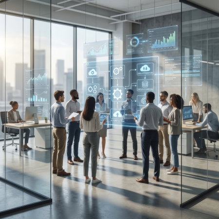 In a sunlit, futuristic office, a diverse group of colleagues gathers around an augmented reality display, strategizing over a complex data integration and automation flowchart.の素材