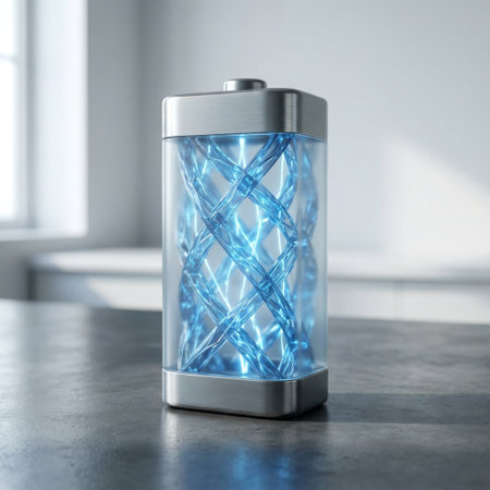 A futuristic battery concept with a transparent case reveals a glowing blue double helix core, crackling with electrical energy. It sits on a modern surface, symbolizing innovation.の素材
