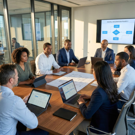 A diverse team of professionals collaborates in a sunlit, modern boardroom, analyzing blueprints and a digital integration flowchart on screen, focused on strategic planning.の素材