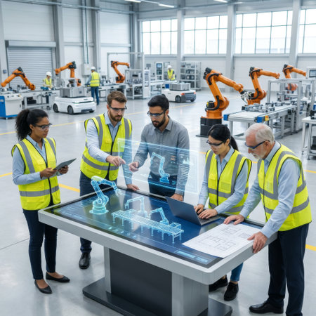 A diverse team of engineers collaborates in a smart factory, using an augmented reality table to design and analyze a robotic production line.の素材
