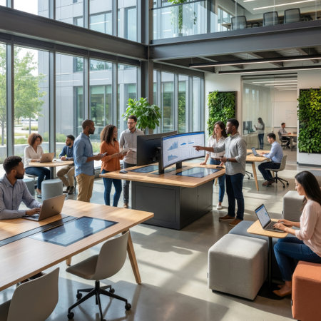 In a vibrant, modern office with living green walls, a diverse team analyzes charts on a large display, showcasing collaboration and technological integration.の素材