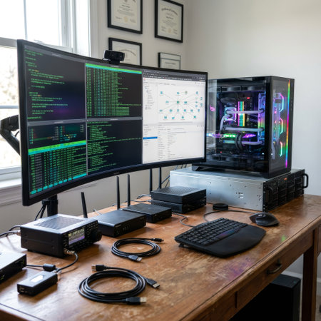 A powerful home lab workstation featuring an ultrawide monitor with code, a vibrant liquid-cooled RGB PC, a server, and various networking and radio equipment on a wooden desk.の素材