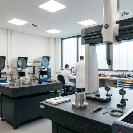 Two engineers in lab coats work in a modern metrology lab, using a CMM and optical comparators for precise quality control inspection of machined metal parts.の素材