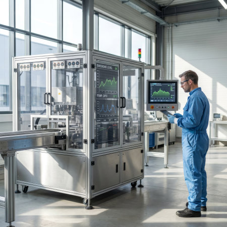 A focused engineer in a blue jumpsuit monitors a high-tech automated machine in a modern, sunlit factory, analyzing real-time performance data on a digital control panel.の素材