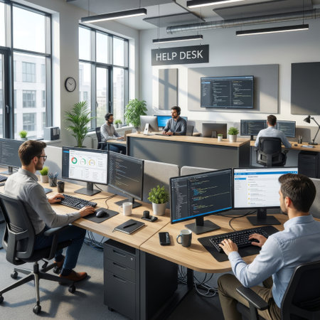 Diverse team of male programmers and support specialists focused on their multi-monitor setups in a bright, modern open-plan office with a central help desk.の素材