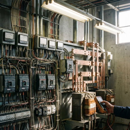 An electrician's hand holds a digital multimeter, performing a diagnostic test on a complex, vintage industrial electrical panel with intricate wiring and large copper busbars.の素材