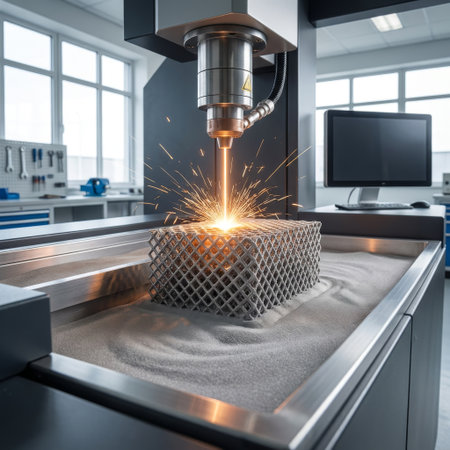 In a high-tech lab, a powerful laser sinters metal powder, forging a complex lattice structure with a brilliant shower of sparks. Advanced additive manufacturing in action.の素材