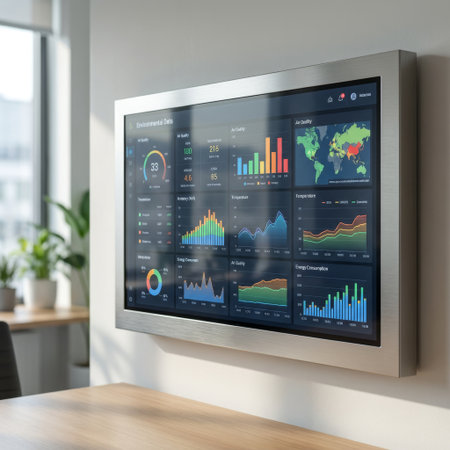 A sleek, wall-mounted smart display visualizes complex environmental data in a modern interior. The dashboard shows real-time analytics on air quality, temperature, and energy use.の素材