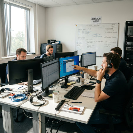 In a sunlit modern office, a technical support team collaborates. The lead agent points to a screen, guiding a coworker through a complex software problem on a call.の素材