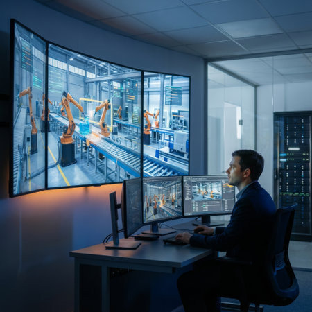 A focused engineer in a dark, high-tech control room uses a multi-monitor setup to supervise a robotic assembly line displayed on a massive, curved video wall.の素材