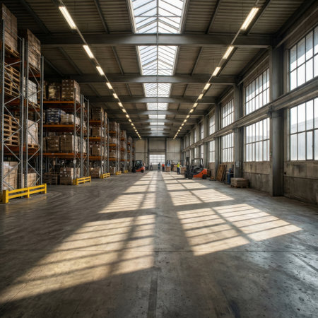 A wide-angle view of a vast, sunlit warehouse interior. Natural light from high windows creates long, dramatic shadows across the concrete floor where forklifts and workers operate.の素材