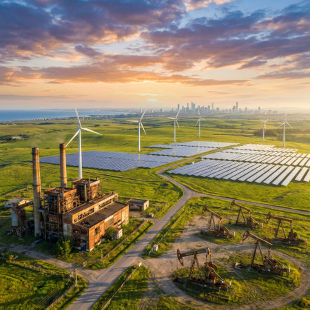 Aerial view of energy transition: a derelict fossil fuel plant and oil pumps sit beside modern wind turbines and solar panels, powering a distant city at sunset.の素材