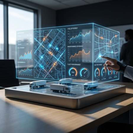 In a modern office, a manager's hand touches a glowing 3D hologram displaying logistics data, optimizing a fleet of trucks represented by miniature models on the desk.の素材
