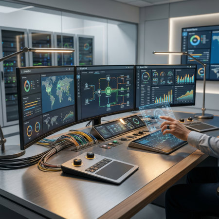 An engineer analyzes global energy data on a transparent tablet in a futuristic command center with multiple monitors and server racks.の素材