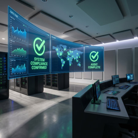 A futuristic security operations center where a large, glowing interface confirms a successful system audit. Server racks and a control desk complete the high-tech environment.の素材