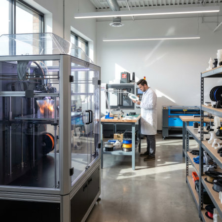 A focused engineer in a lab coat performs quality control, examining a 3D printed part with a magnifying lamp in a bright, modern prototyping workshop with advanced machinery.の素材