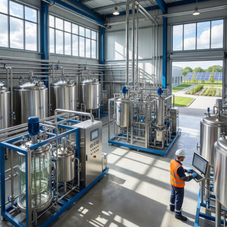 From a high angle, an engineer in safety gear manages production at a computer in a modern, sunlit factory. Gleaming stainless steel vats and pipes fill the clean space.の素材