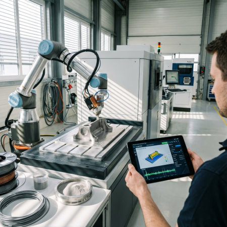 Over-the-shoulder view of an engineer using a tablet to monitor a robotic arm performing metal 3D printing in a high-tech, sunlit factory. Industry 4.0 concept.の素材