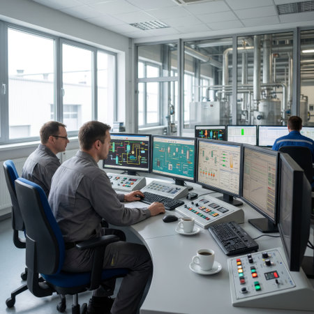 Three focused engineers in uniform work in a high-tech control room, monitoring complex industrial processes on multiple screens overlooking the factory floor.の素材