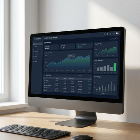 Close-up of a computer screen showing a dark-themed financial analytics dashboard. The interface visualizes investment portfolio data with graphs and charts in a modern workspace.の素材