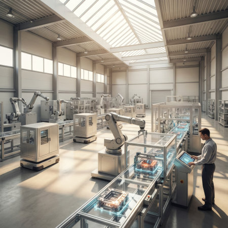 In a vast, sunlit smart factory, an engineer operates a control panel, overseeing robotic arms and AGVs on an automated assembly line producing glowing electronic components.の素材